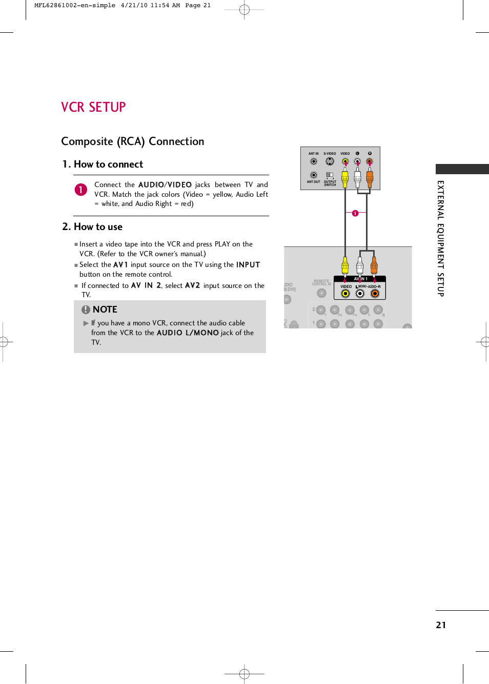 Vcr setup, Composite (rca) connection, How to connect 2. how to use | External eq uipment setup | LG 50PK540 User Manual | Page 23 / 50