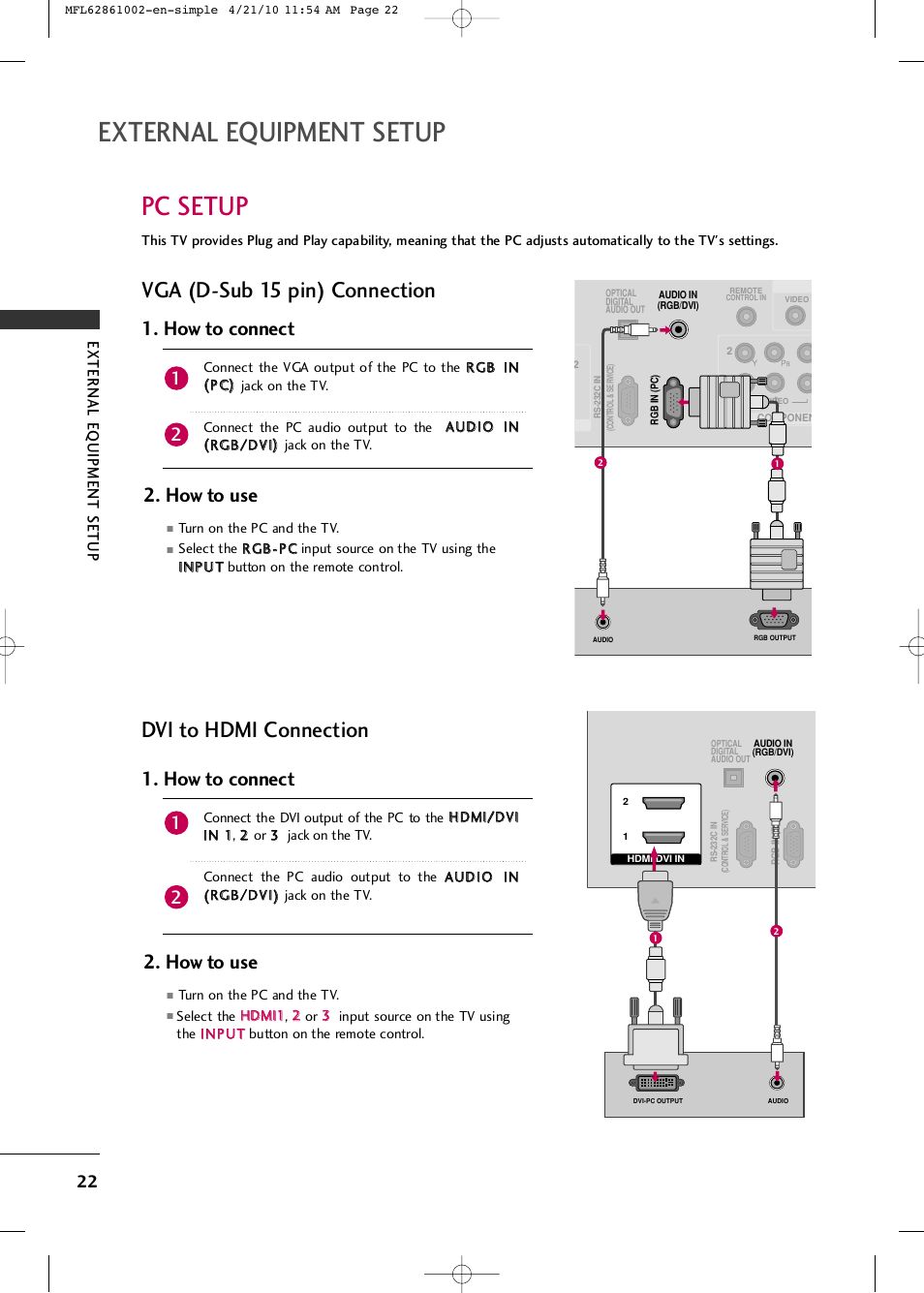 External equipment setup, Pc setup, Dvi to hdmi connection | Vga (d-sub 15 pin) connection, How to use, How to connect | LG 50PK540 User Manual | Page 24 / 50
