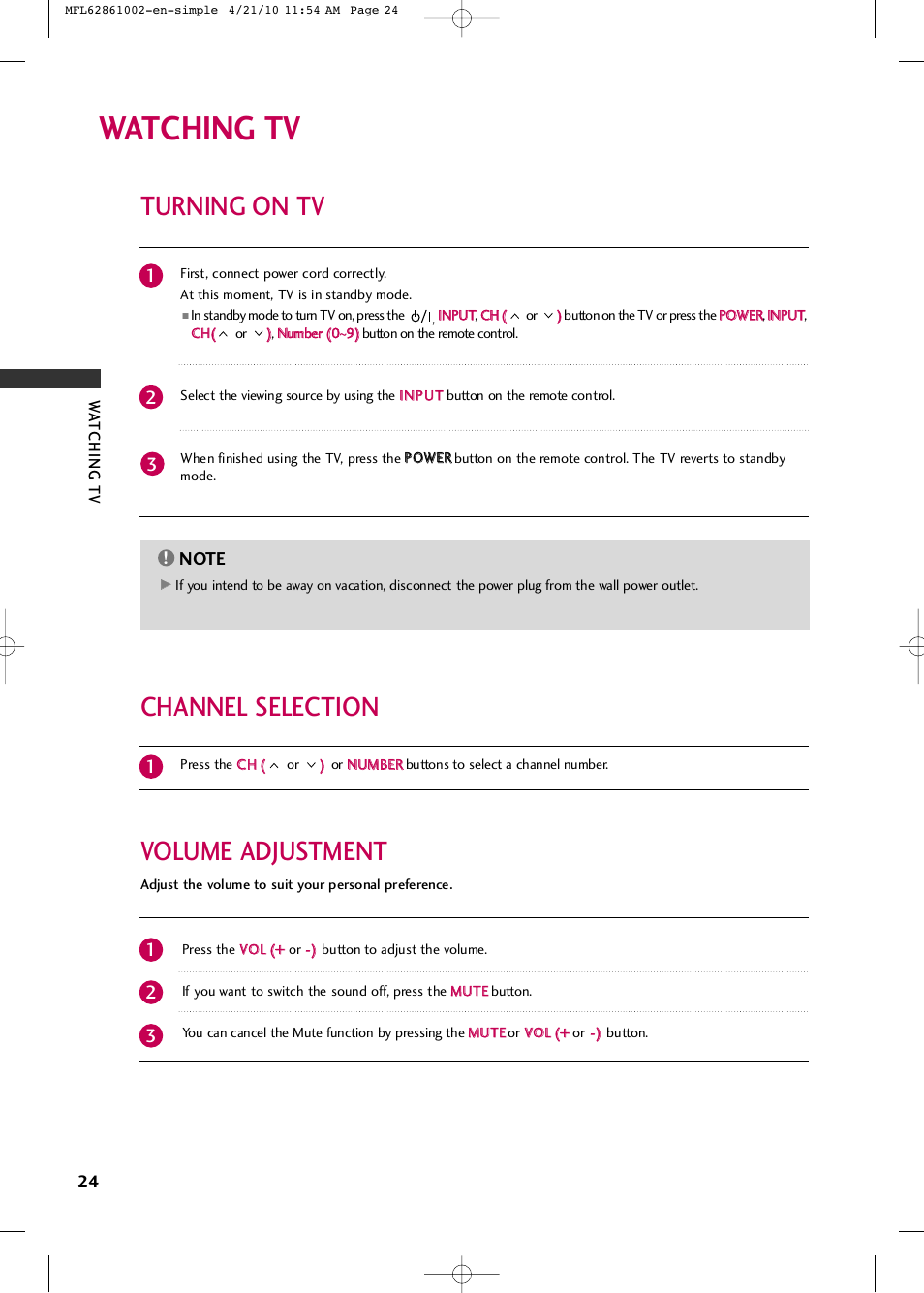 Watching tv, Turning on tv, Volume adjustment channel selection | LG 50PK540 User Manual | Page 26 / 50