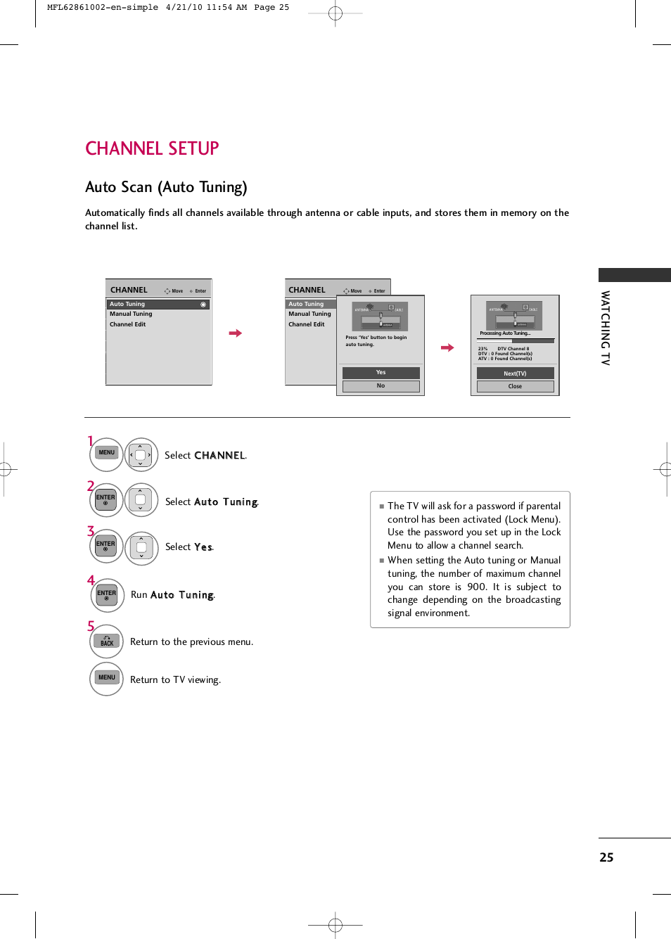Channel setup, Auto scan (auto tuning), Wa tching tv | LG 50PK540 User Manual | Page 27 / 50