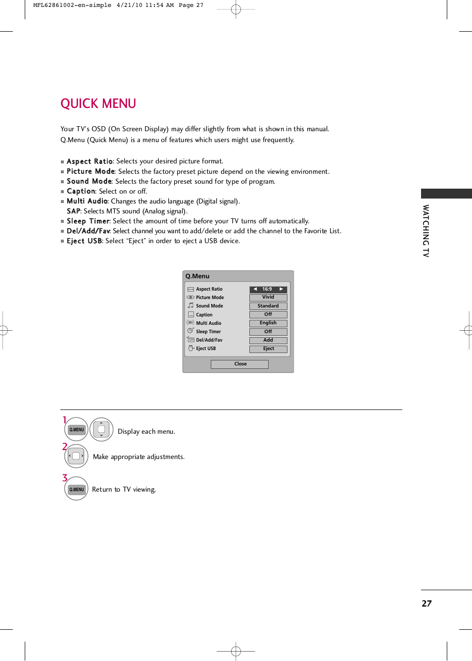 Quick menu, Wa tching tv | LG 50PK540 User Manual | Page 29 / 50