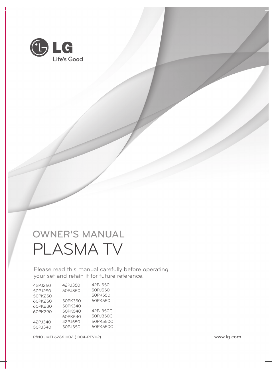 Plasma tv, Owner’s manual | LG 50PK540 User Manual | Page 3 / 50