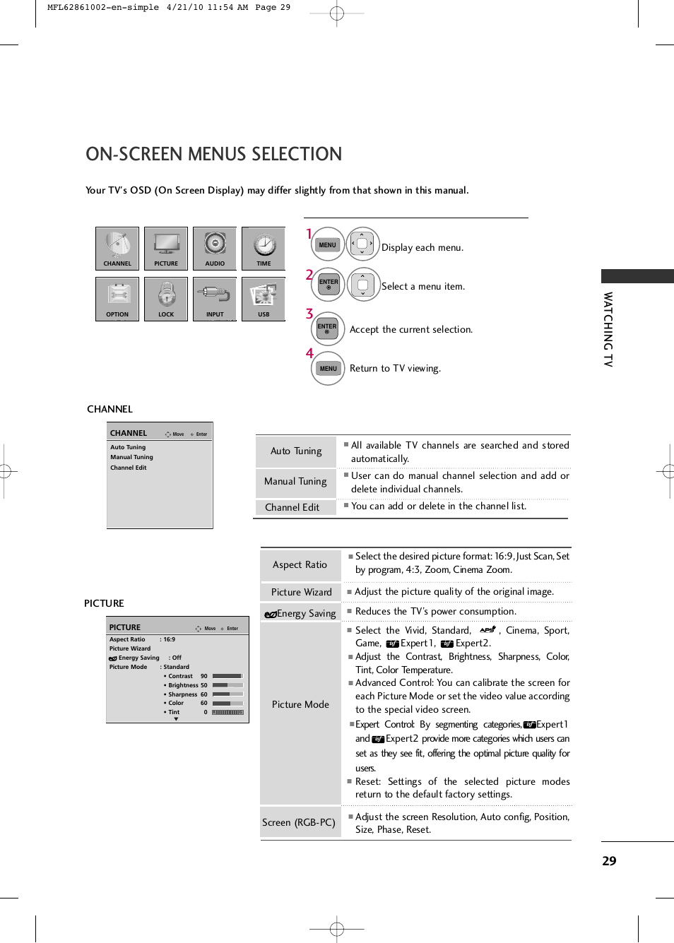 On-screen menus selection, Wa tching tv | LG 50PK540 User Manual | Page 31 / 50