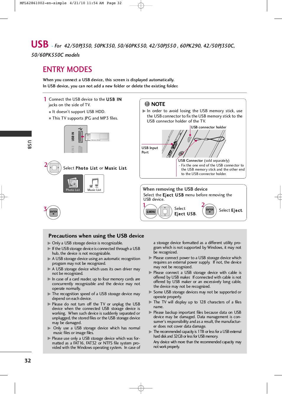 Entry modes, Precautions when using the usb device | LG 50PK540 User Manual | Page 34 / 50