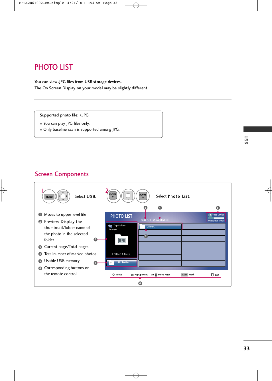 Photo list, Screen components | LG 50PK540 User Manual | Page 35 / 50
