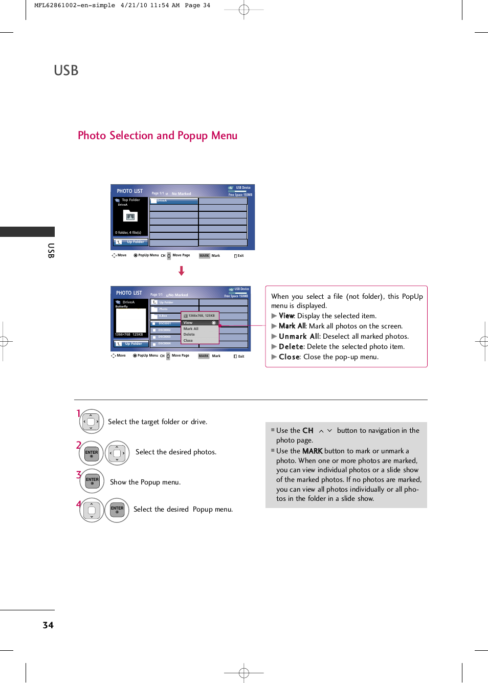 Photo selection and popup menu, Show the popup menu, Select the desired popup menu | Vviie ew w: display the selected item, Dde elle ette e: delete the selected photo item, Cc ll o o ss e e: close the pop-up menu | LG 50PK540 User Manual | Page 36 / 50