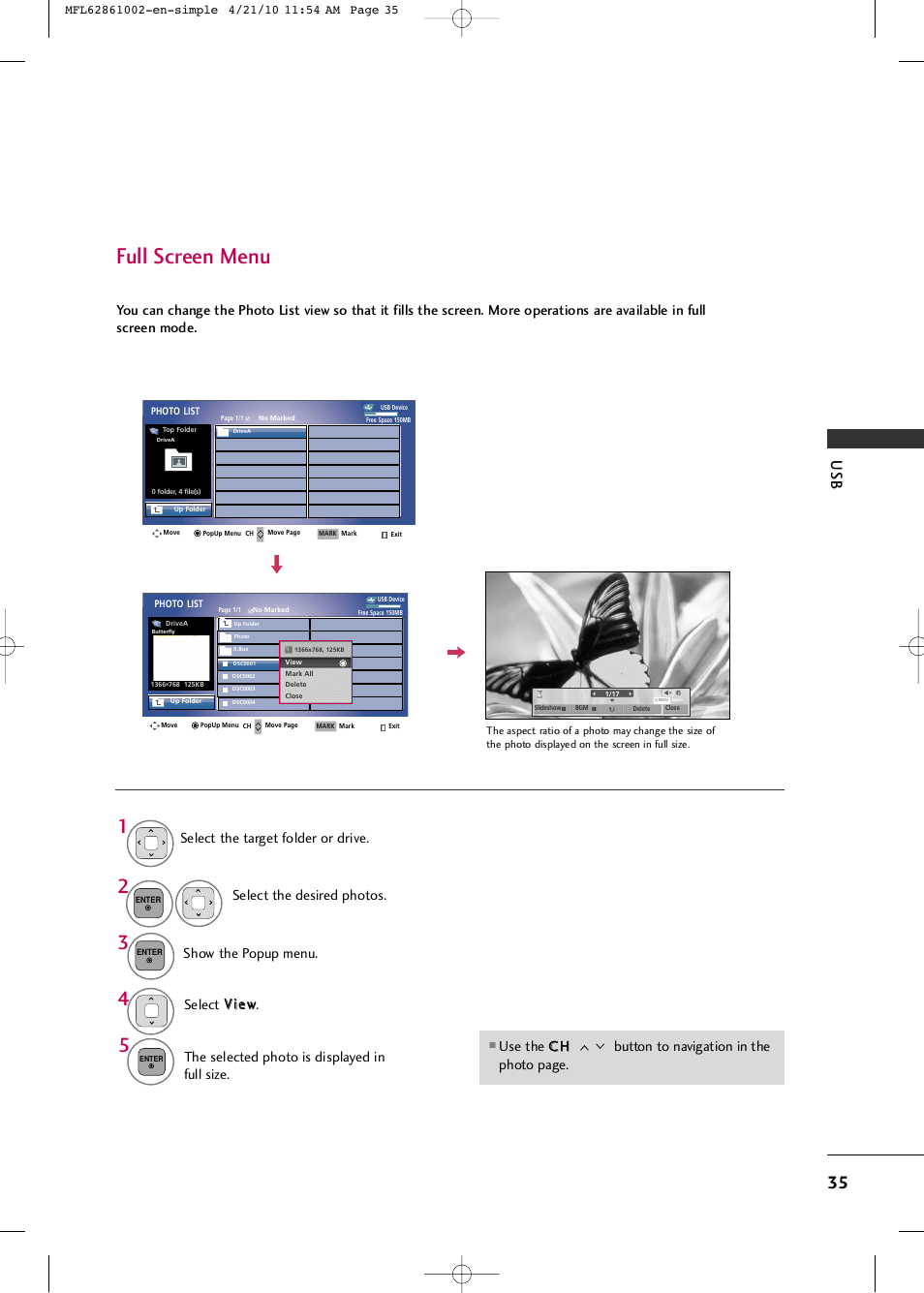 Full screen menu | LG 50PK540 User Manual | Page 37 / 50