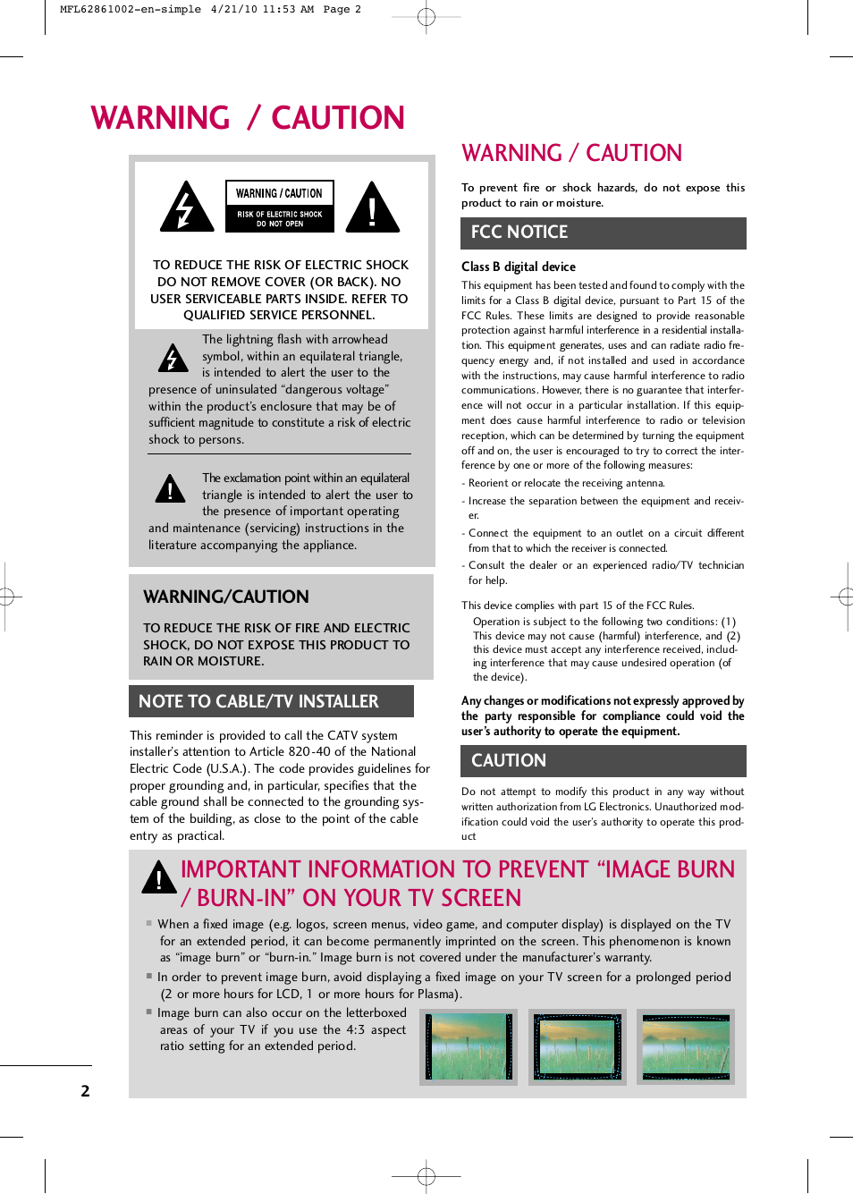 Warning / caution, Fcc notice, Caution | Warning/caution | LG 50PK540 User Manual | Page 4 / 50