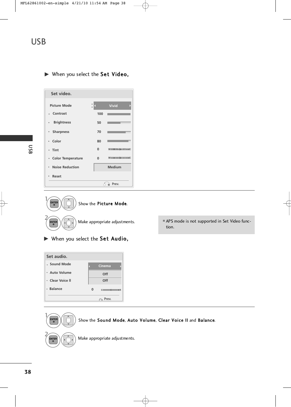 When you select the s se ett v viid de eo o, When you select the s se ett a au ud diio o | LG 50PK540 User Manual | Page 40 / 50