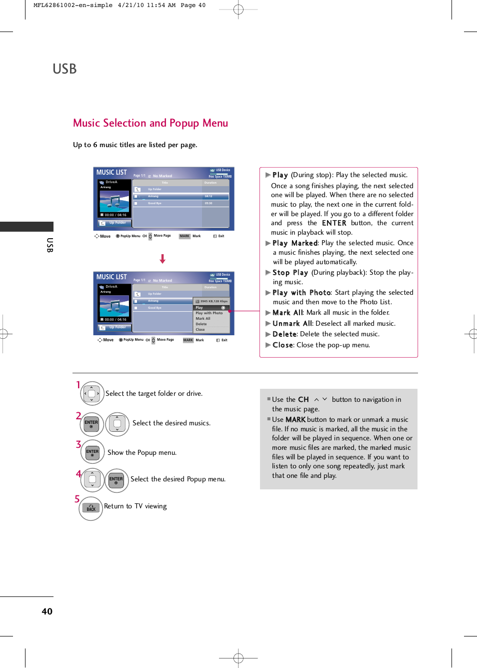 Music selection and popup menu | LG 50PK540 User Manual | Page 42 / 50
