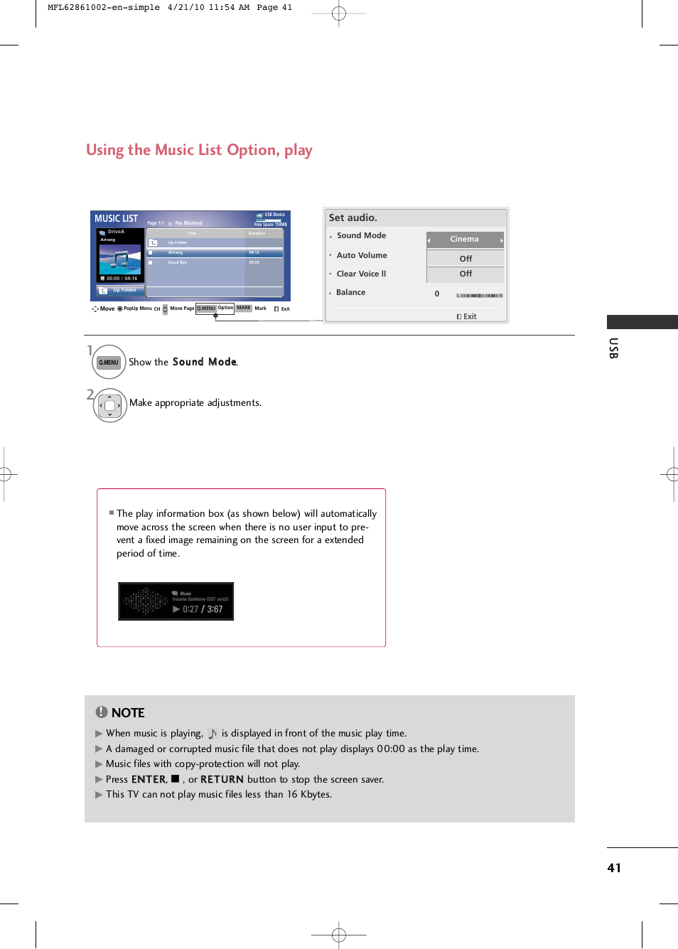 Using the music list option, play, Music files with copy-protection will not play, Show the s so ou un nd d m mo od de e | Make appropriate adjustments | LG 50PK540 User Manual | Page 43 / 50