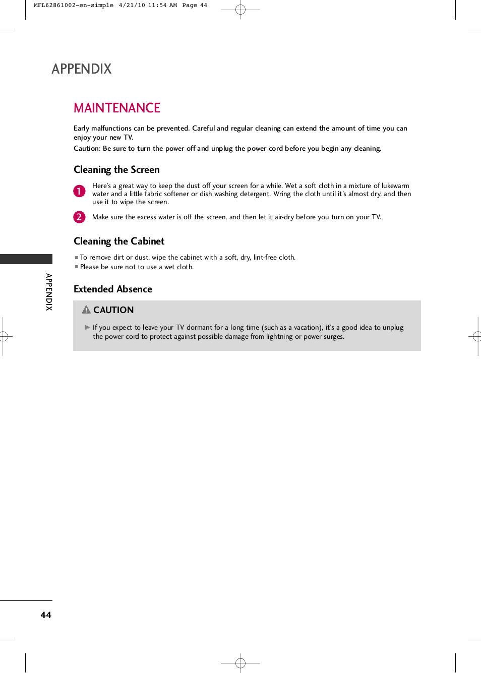 Appendix, Maintenance, Cleaning the screen | Cleaning the cabinet, Extended absence | LG 50PK540 User Manual | Page 46 / 50