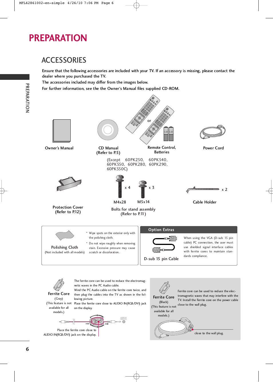 Preparation, Accessories, Prep ar a tion | Polishing cloth, D-sub 15 pin cable, X 2 or, Ferrite core, Oop pttiio on n e exxttrraass, On /o ff, Mark fr ee ze | LG 50PK540 User Manual | Page 8 / 50