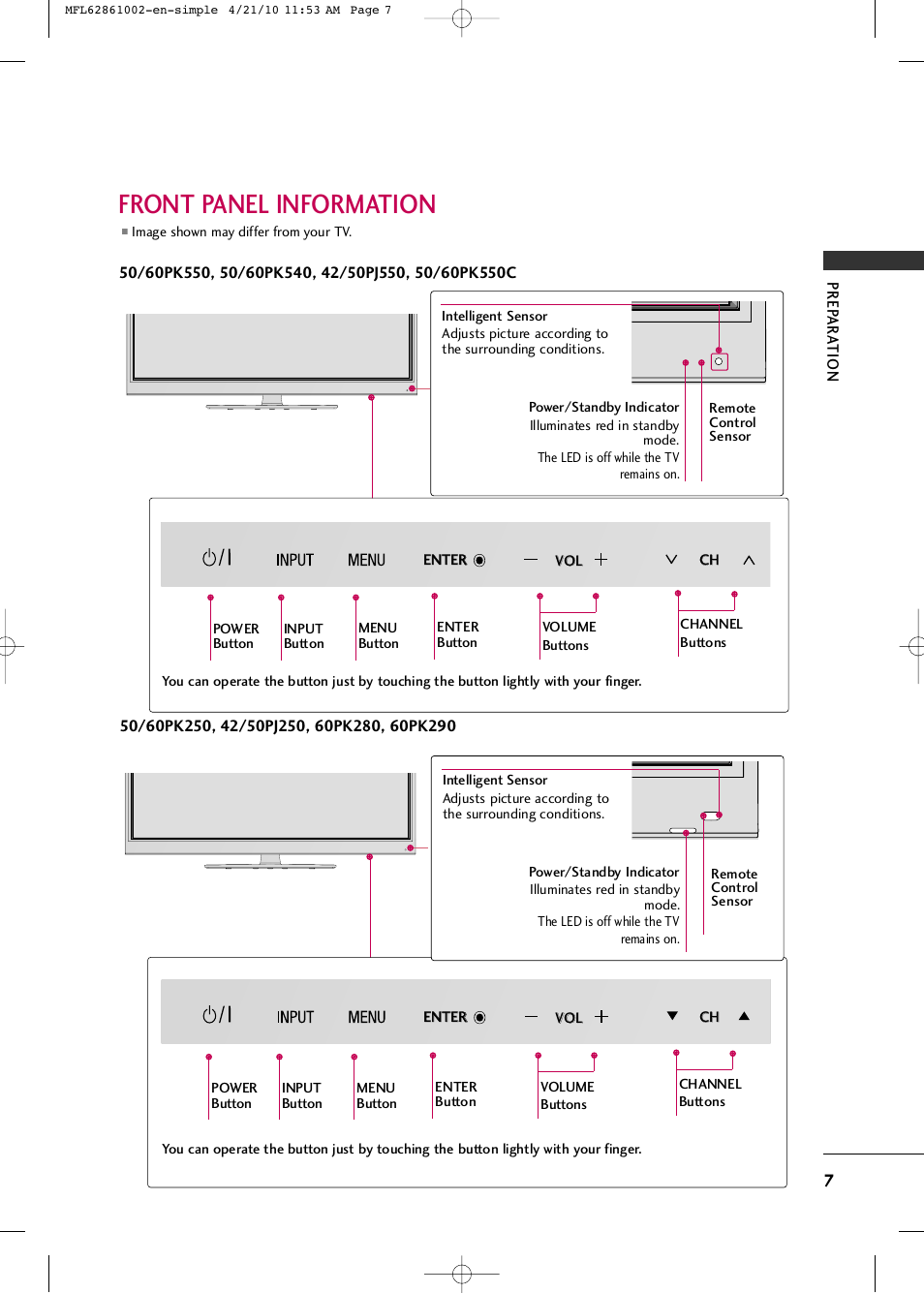 Front panel information | LG 50PK540 User Manual | Page 9 / 50