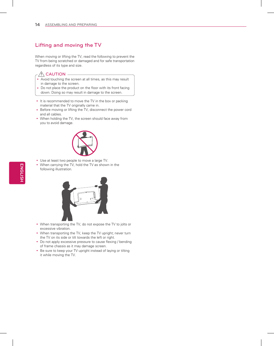 Lifting and moving the tv | LG 55EA8800 User Manual | Page 14 / 40