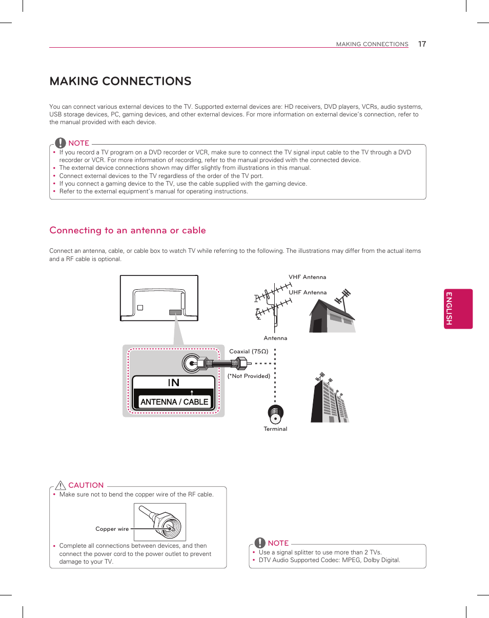 Making connections, Connecting to an antenna or cable | LG 55EA8800 User Manual | Page 17 / 40