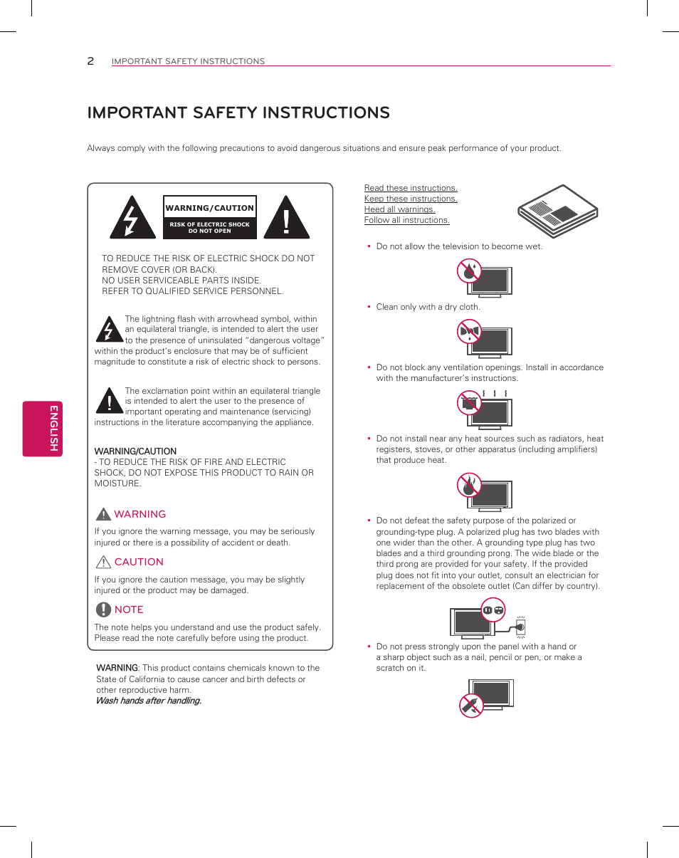 Important safety instructions, English, Warning | Caution | LG 55EA8800 User Manual | Page 2 / 40
