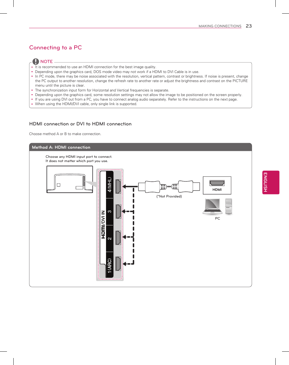 Connecting to a pc | LG 55EA8800 User Manual | Page 23 / 40