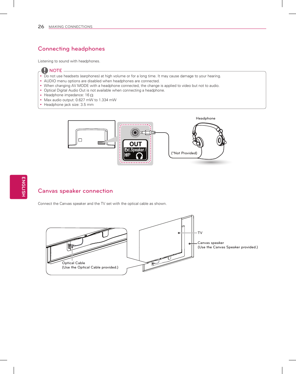 Connecting headphones, Canvas speaker connection | LG 55EA8800 User Manual | Page 26 / 40