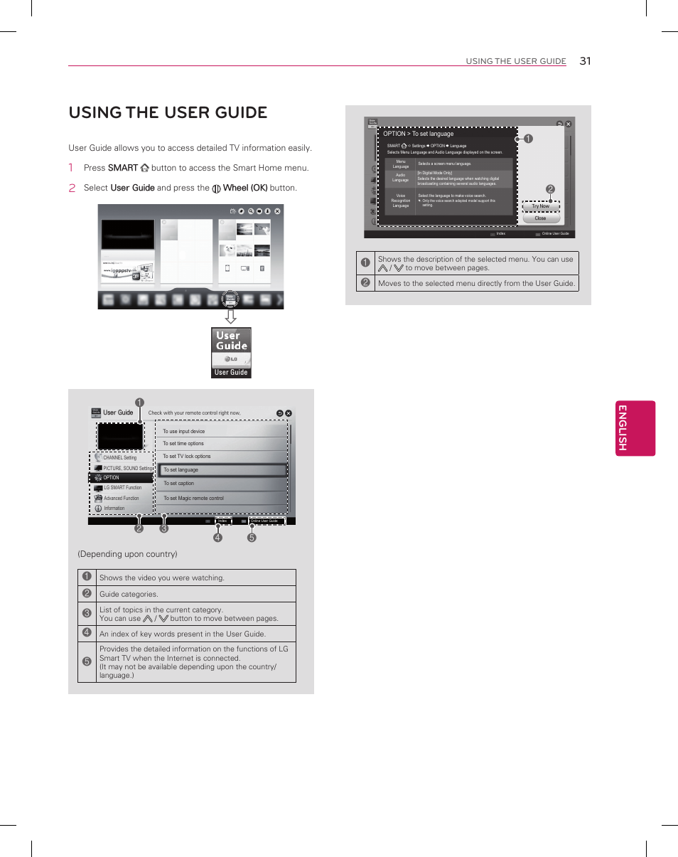 Using the user guide, English | LG 55EA8800 User Manual | Page 31 / 40