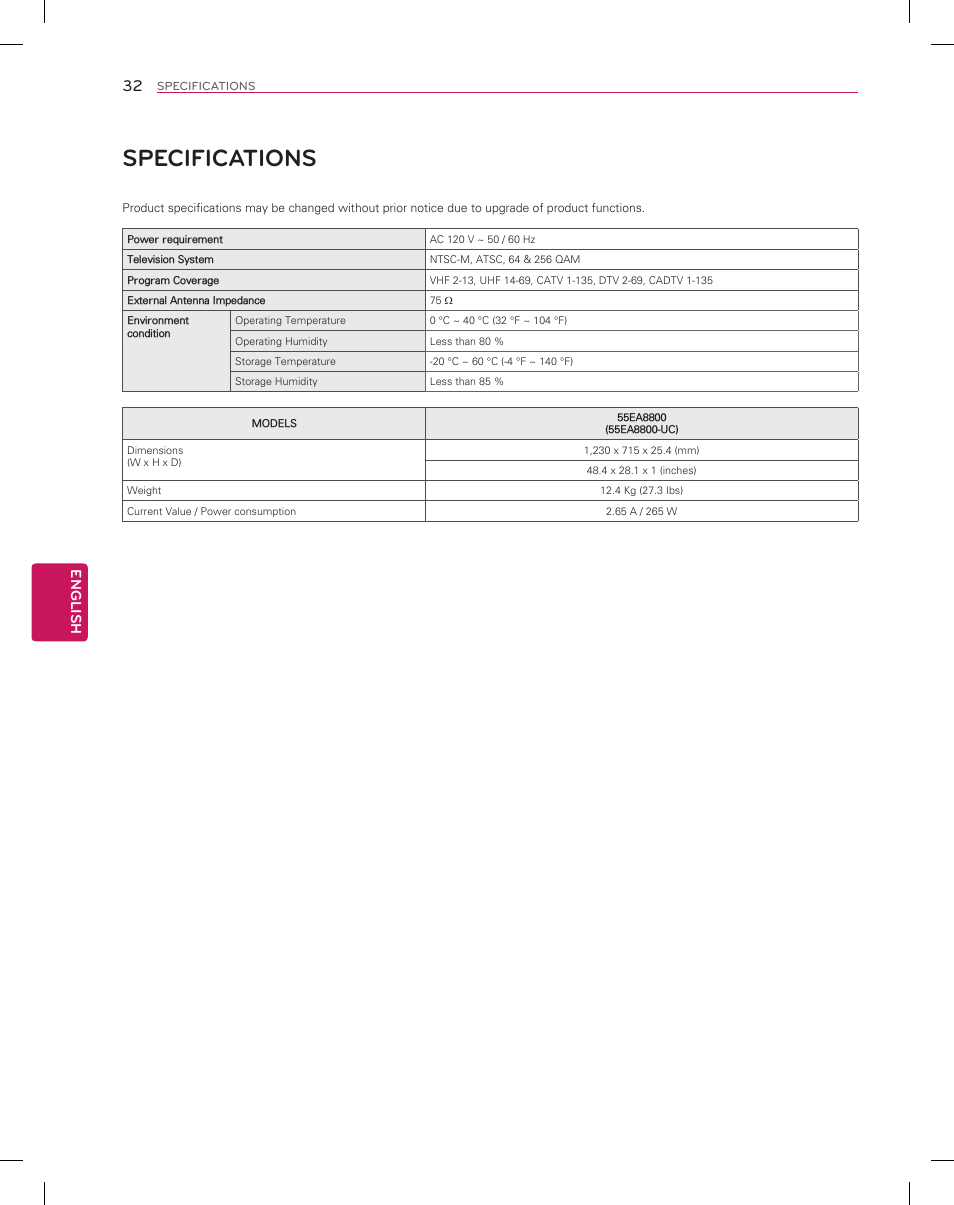 Specifications, English | LG 55EA8800 User Manual | Page 32 / 40