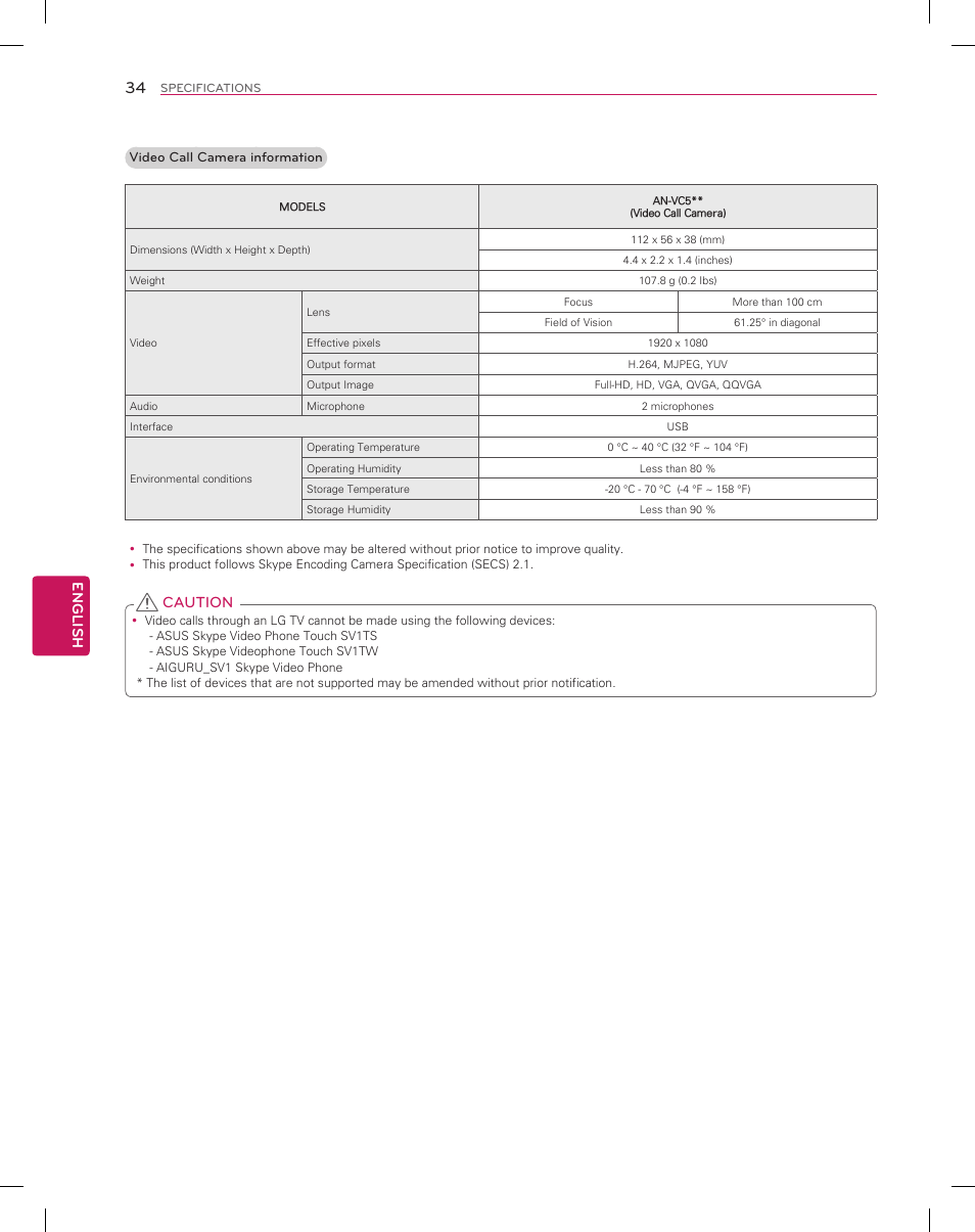 English, Caution | LG 55EA8800 User Manual | Page 34 / 40