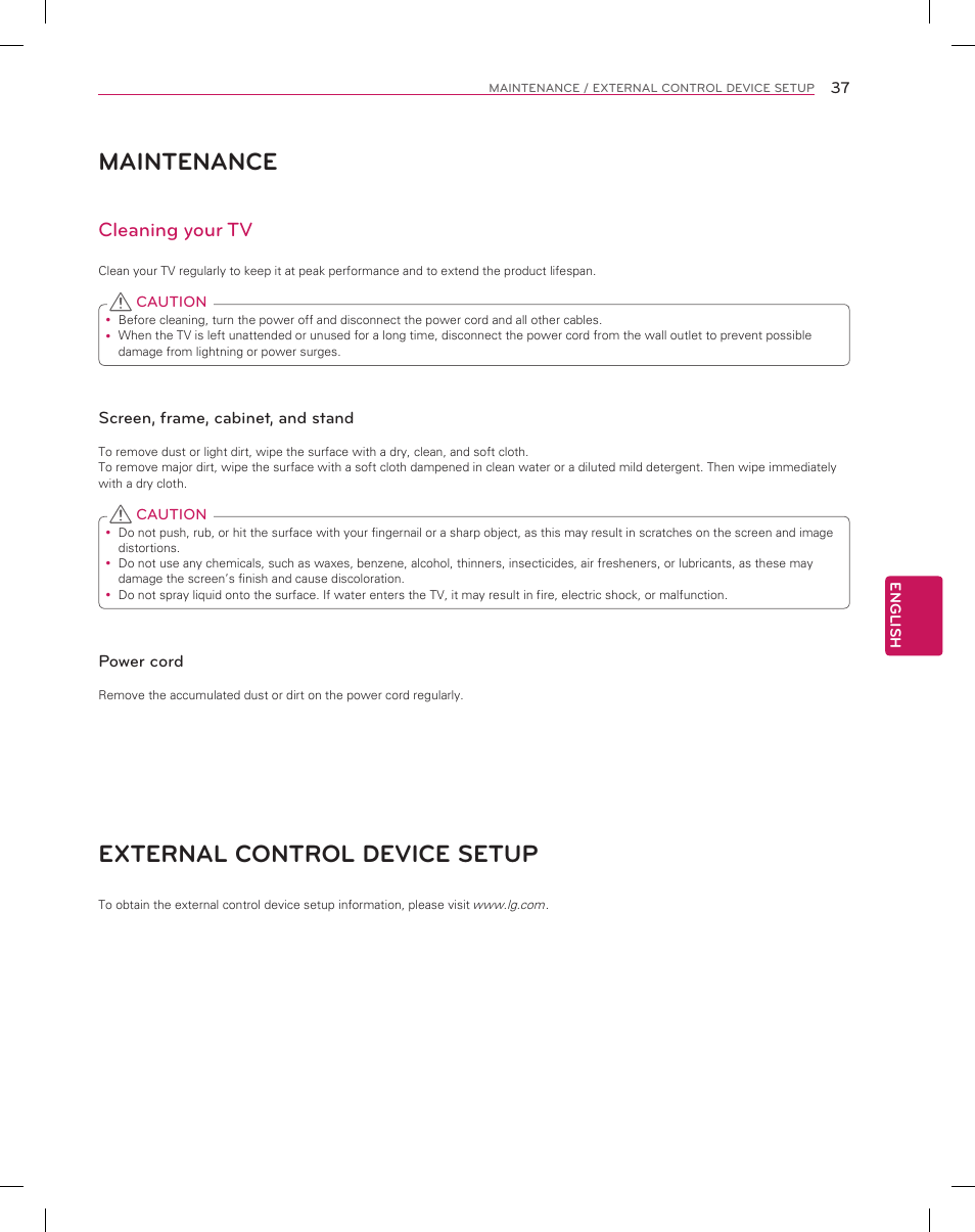 Maintenance, External control device setup, Cleaning your tv | LG 55EA8800 User Manual | Page 37 / 40