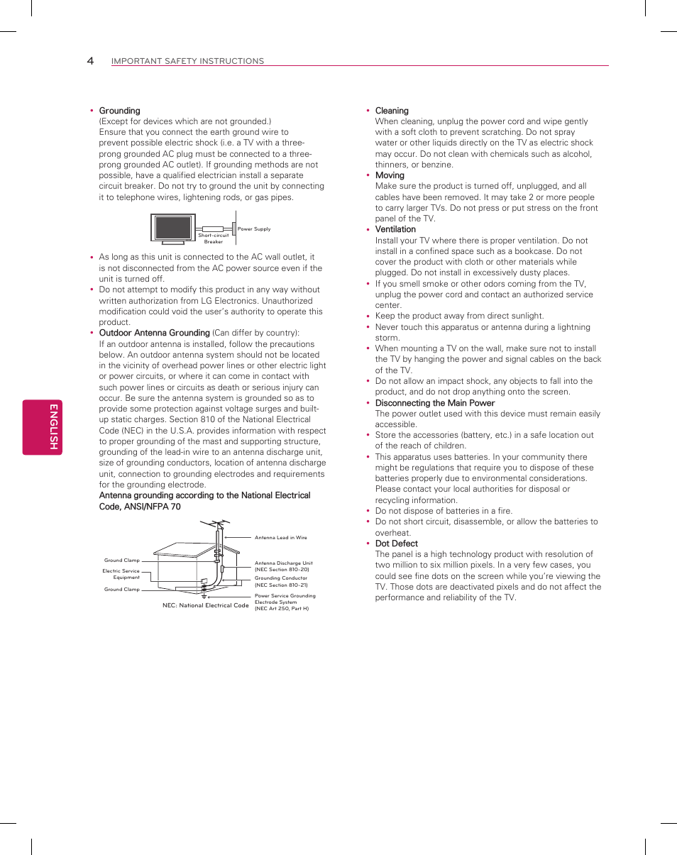 Short-circuit breaker power supply, English | LG 55EA8800 User Manual | Page 4 / 40