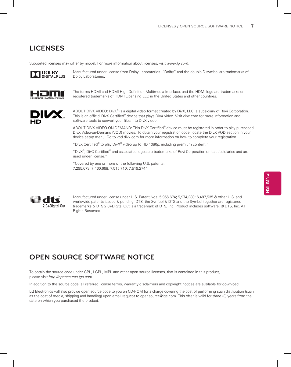 Licenses, Open source software notice | LG 55EA8800 User Manual | Page 7 / 40