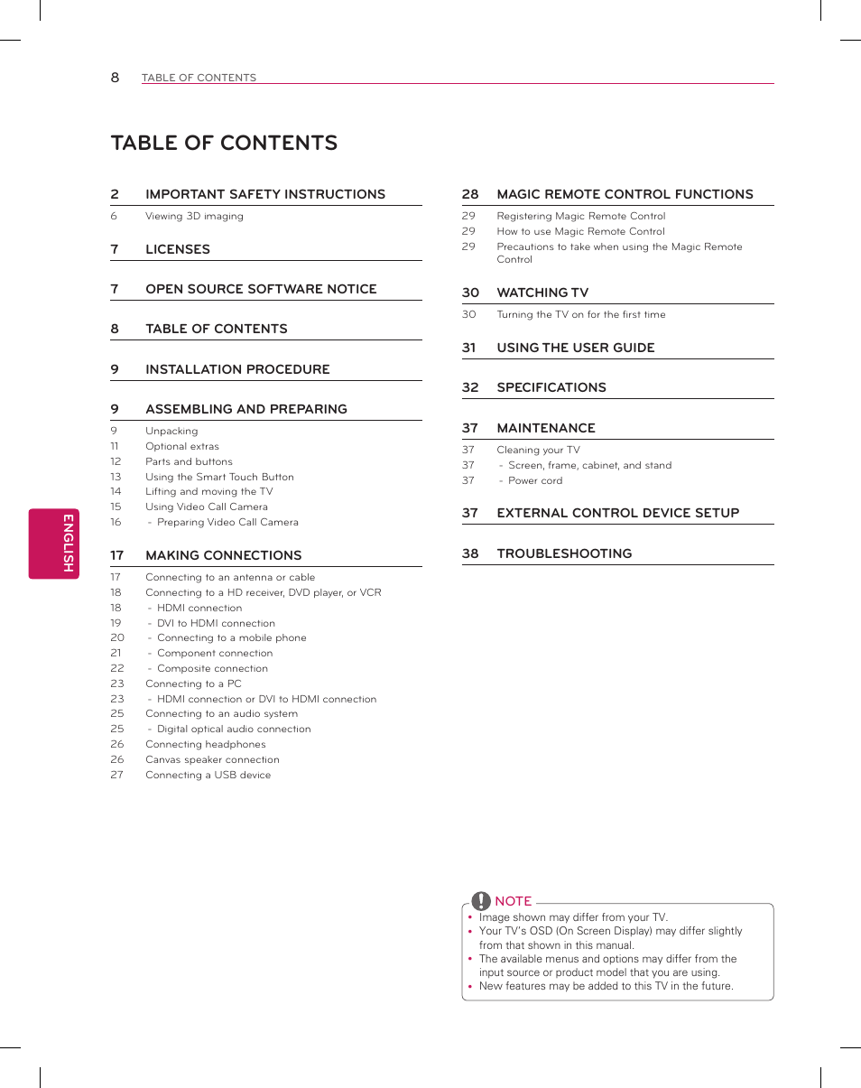 LG 55EA8800 User Manual | Page 8 / 40
