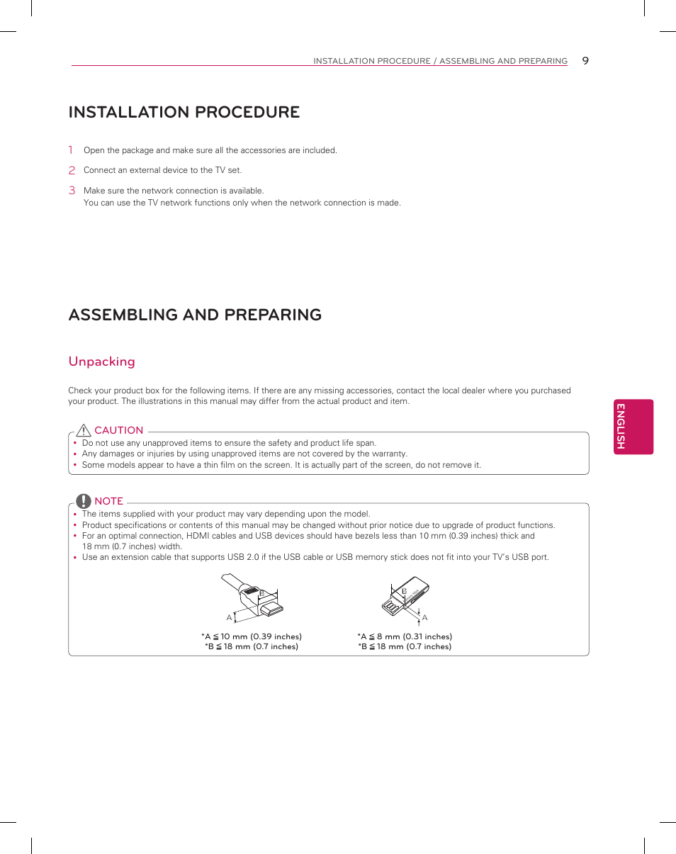 Installation procedure, Assembling and preparing, Unpacking | LG 55EA8800 User Manual | Page 9 / 40