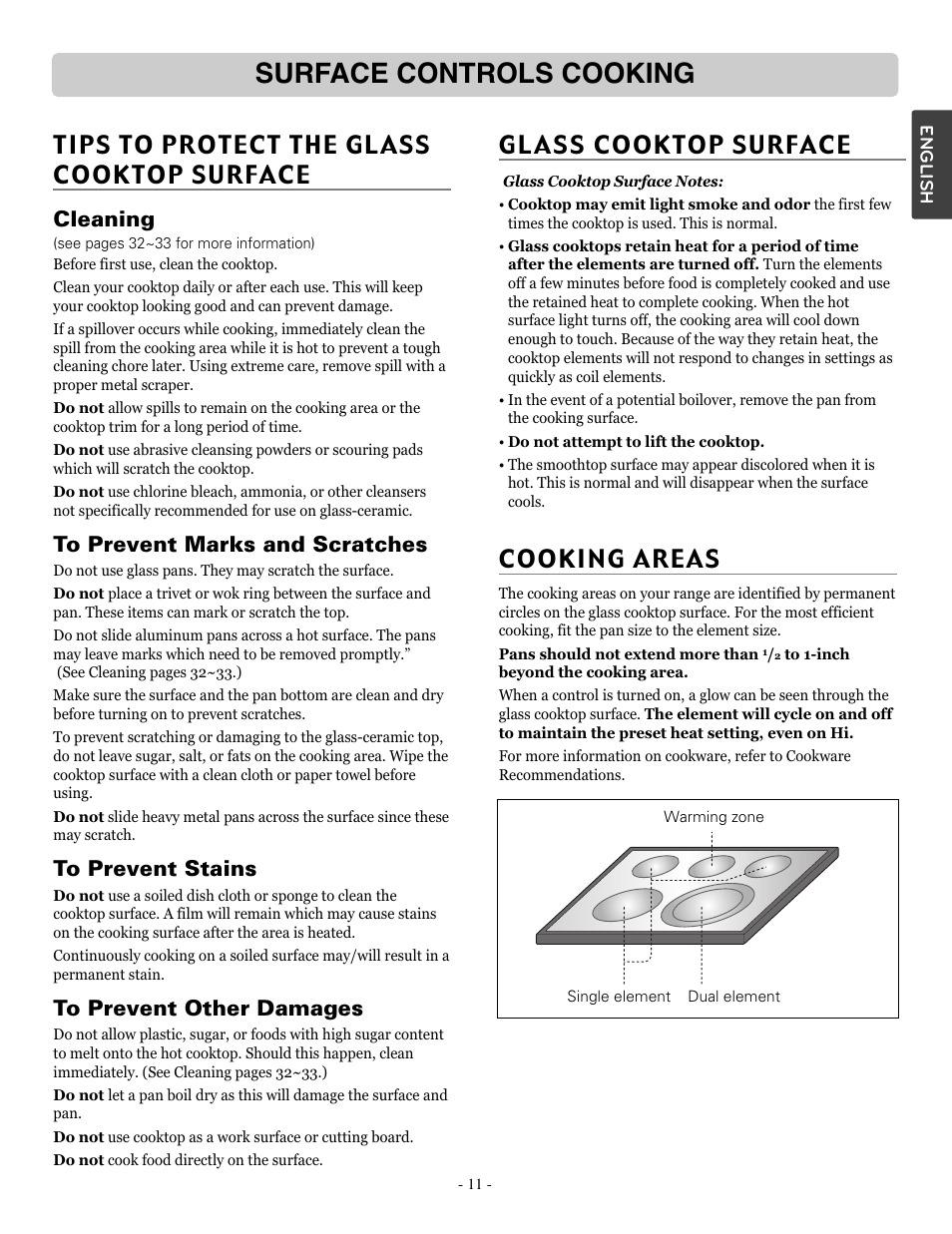 Surface controls cooking, Tips to protect the glass cooktop surface, Cooking areas | Cleaning | LG LSRE307ST User Manual | Page 11 / 41