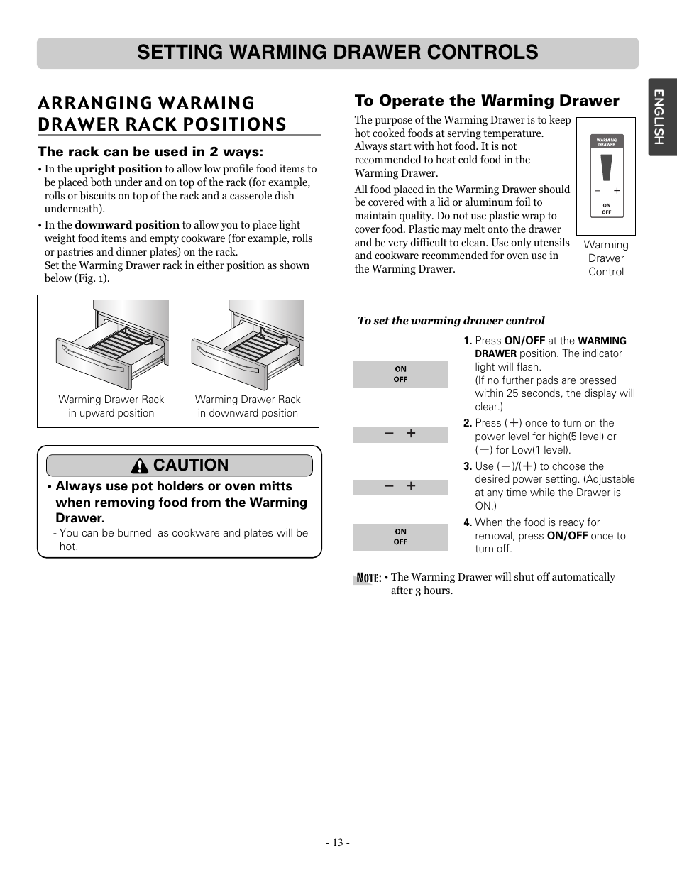 Setting warming drawer controls, Arranging warming drawer rack positions, Caution | LG LSRE307ST User Manual | Page 13 / 41