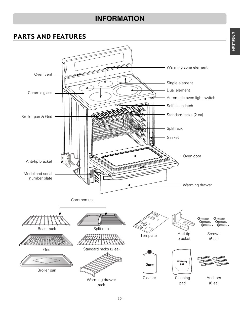 Information, Parts and features | LG LSRE307ST User Manual | Page 15 / 41