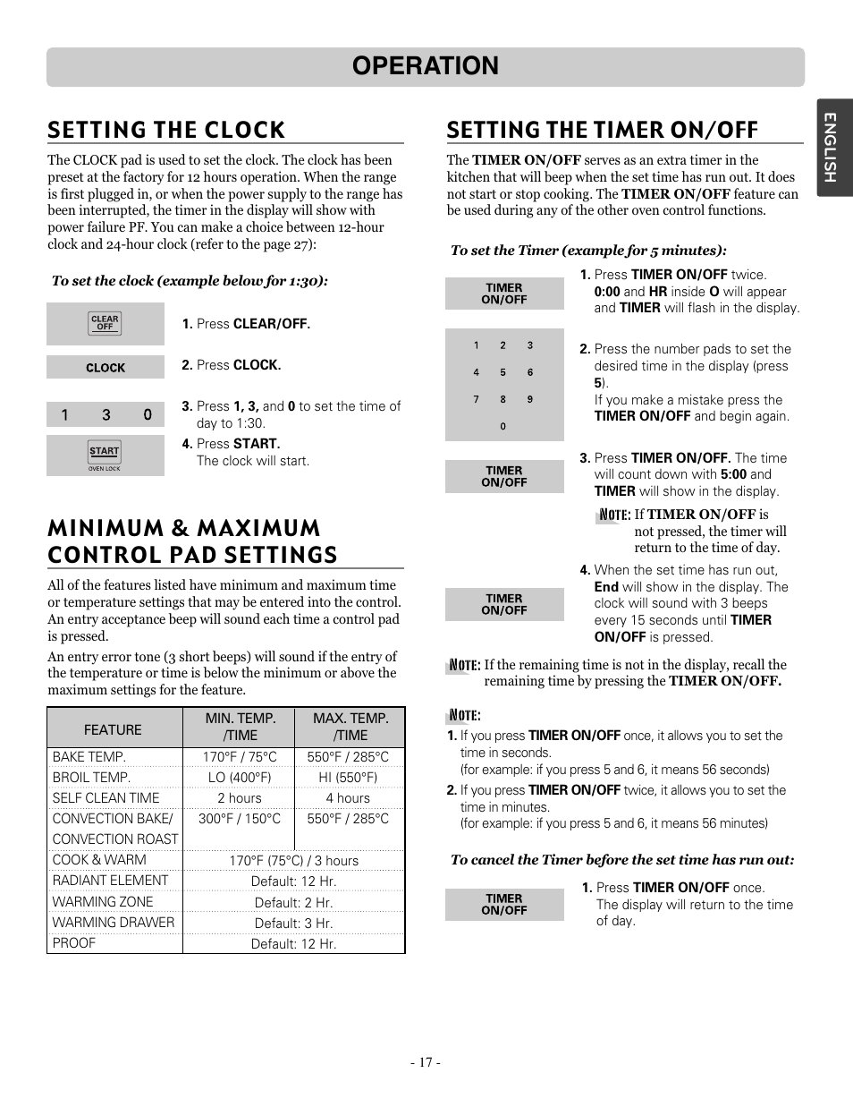 Operation, Setting the clock, Minimum & maximum control pad settings | Setting the timer on/off | LG LSRE307ST User Manual | Page 17 / 41