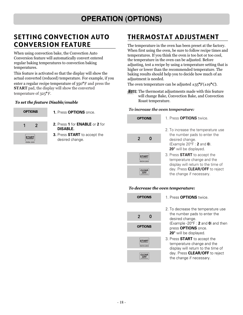 Operation (options), Setting convection auto conversion feature, Thermostat adjustment | LG LSRE307ST User Manual | Page 18 / 41