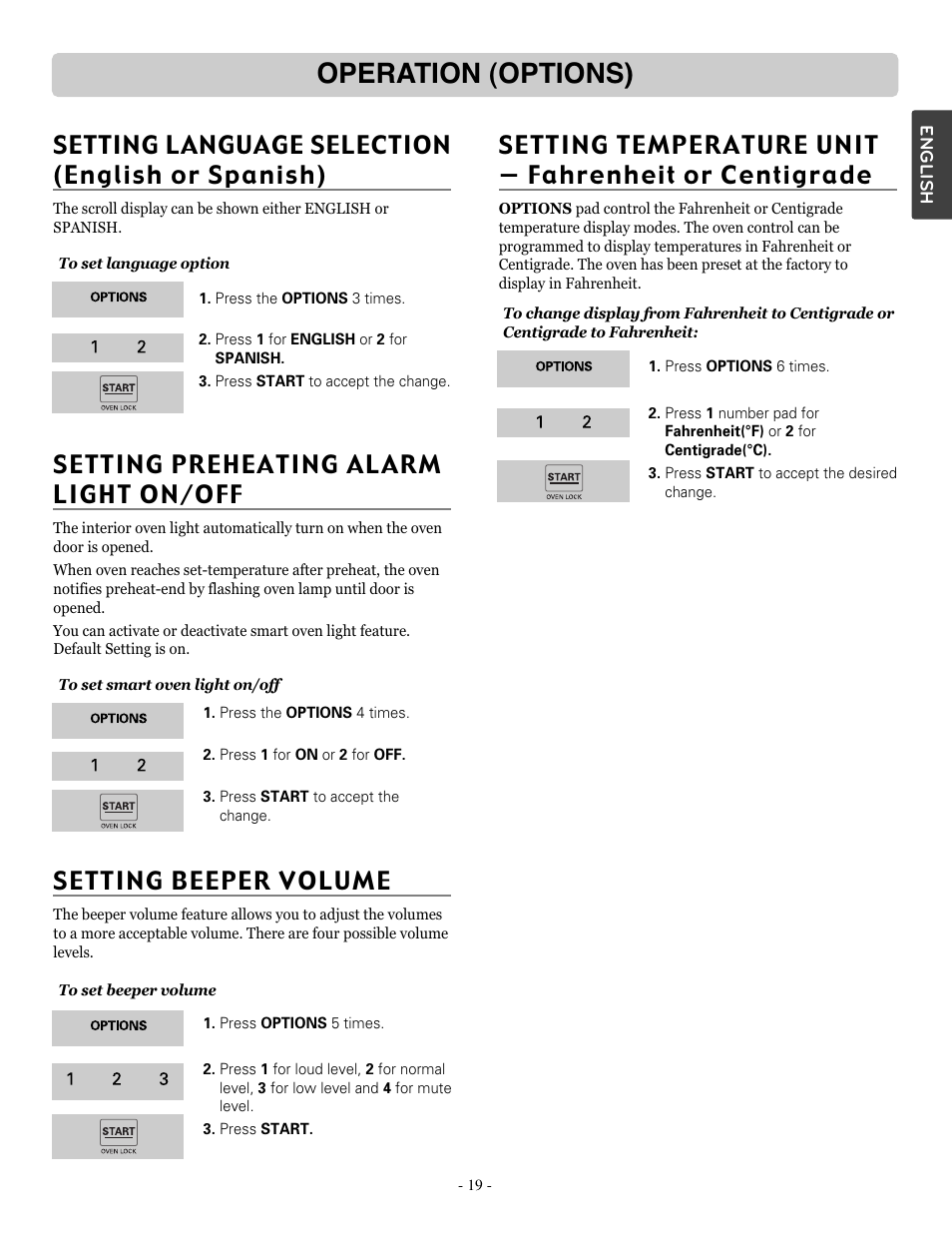 Operation (options), Setting beeper volume, Setting preheating alarm light o n/o ff | Setting language selection (english or spanish) | LG LSRE307ST User Manual | Page 19 / 41