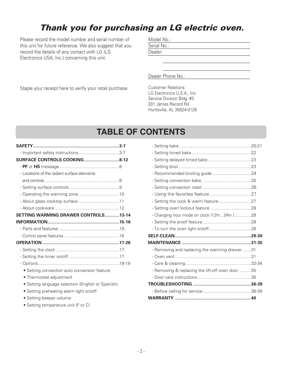 LG LSRE307ST User Manual | Page 2 / 41