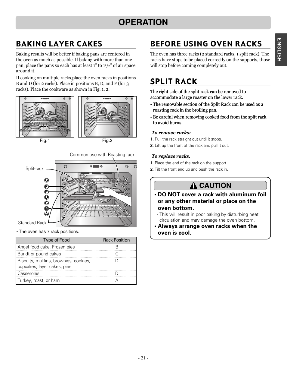 Operation, Baking layer cakes, Before using oven racks | Caution | LG LSRE307ST User Manual | Page 21 / 41