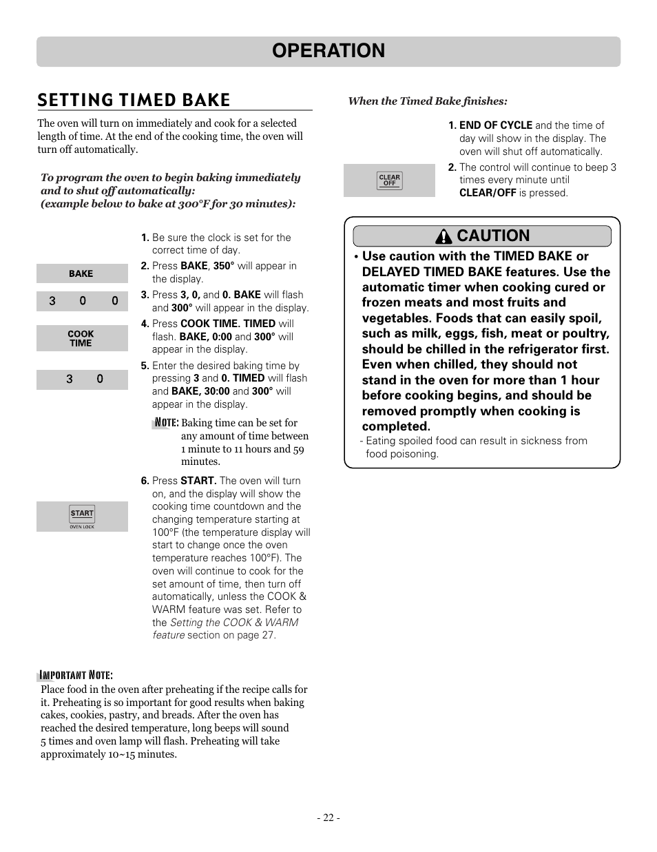 Operation, Setting timed bake, Caution | LG LSRE307ST User Manual | Page 22 / 41