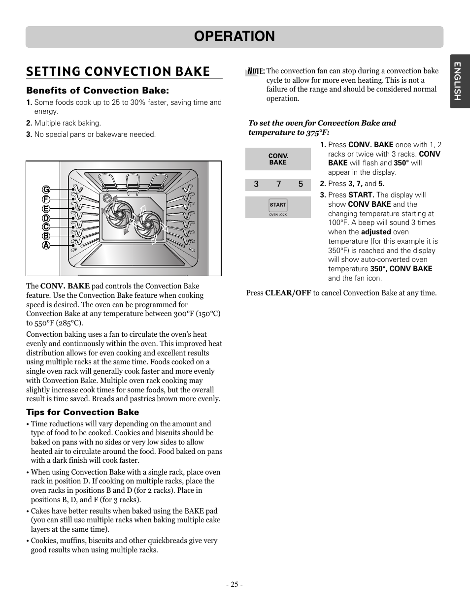 Operation, Setting convection bake | LG LSRE307ST User Manual | Page 25 / 41