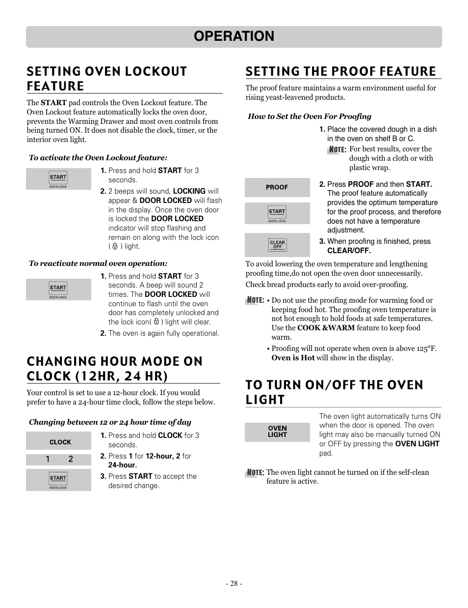 Operation, Setting the proof feature, Changing hour mode on clock (12hr, 24 hr) | LG LSRE307ST User Manual | Page 28 / 41