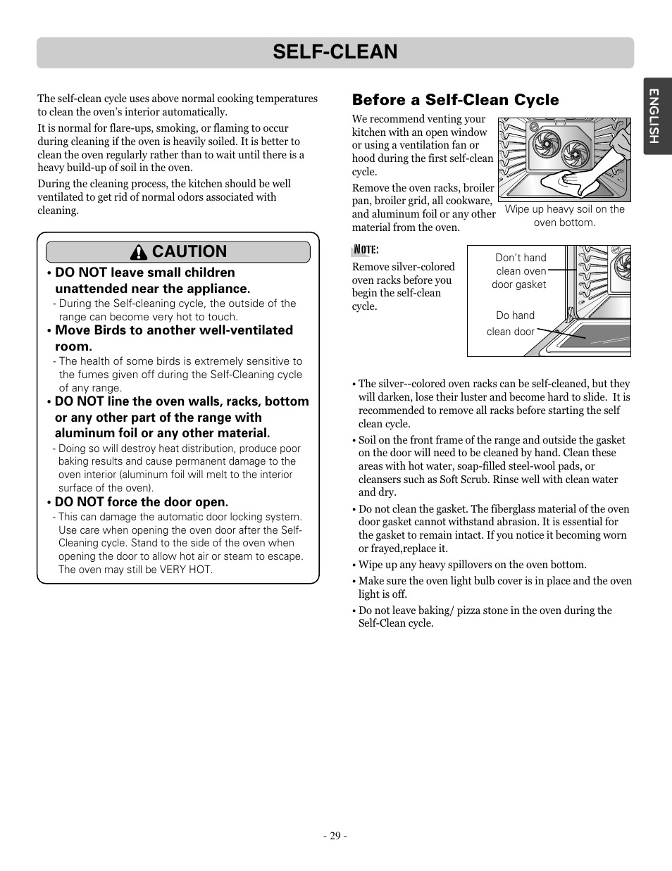 Self-clean, Caution, Before a self-clean cycle | LG LSRE307ST User Manual | Page 29 / 41