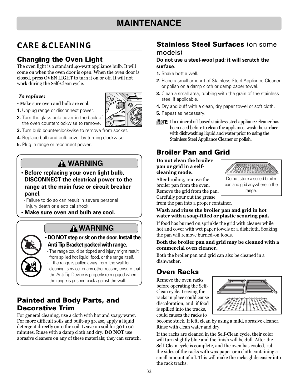 Maintenance, Care &cleaning, Warning | Changing the oven light, Painted and body parts, and decorative trim, Stainless steel surfaces (on some models), Broiler pan and grid, Oven racks | LG LSRE307ST User Manual | Page 32 / 41