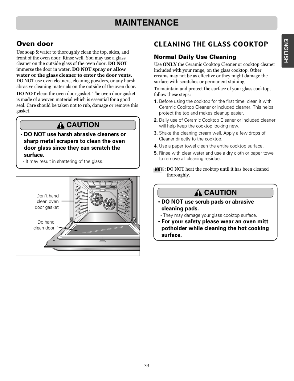 Maintenance, Caution, Oven door | Cleaning the glass cooktop | LG LSRE307ST User Manual | Page 33 / 41