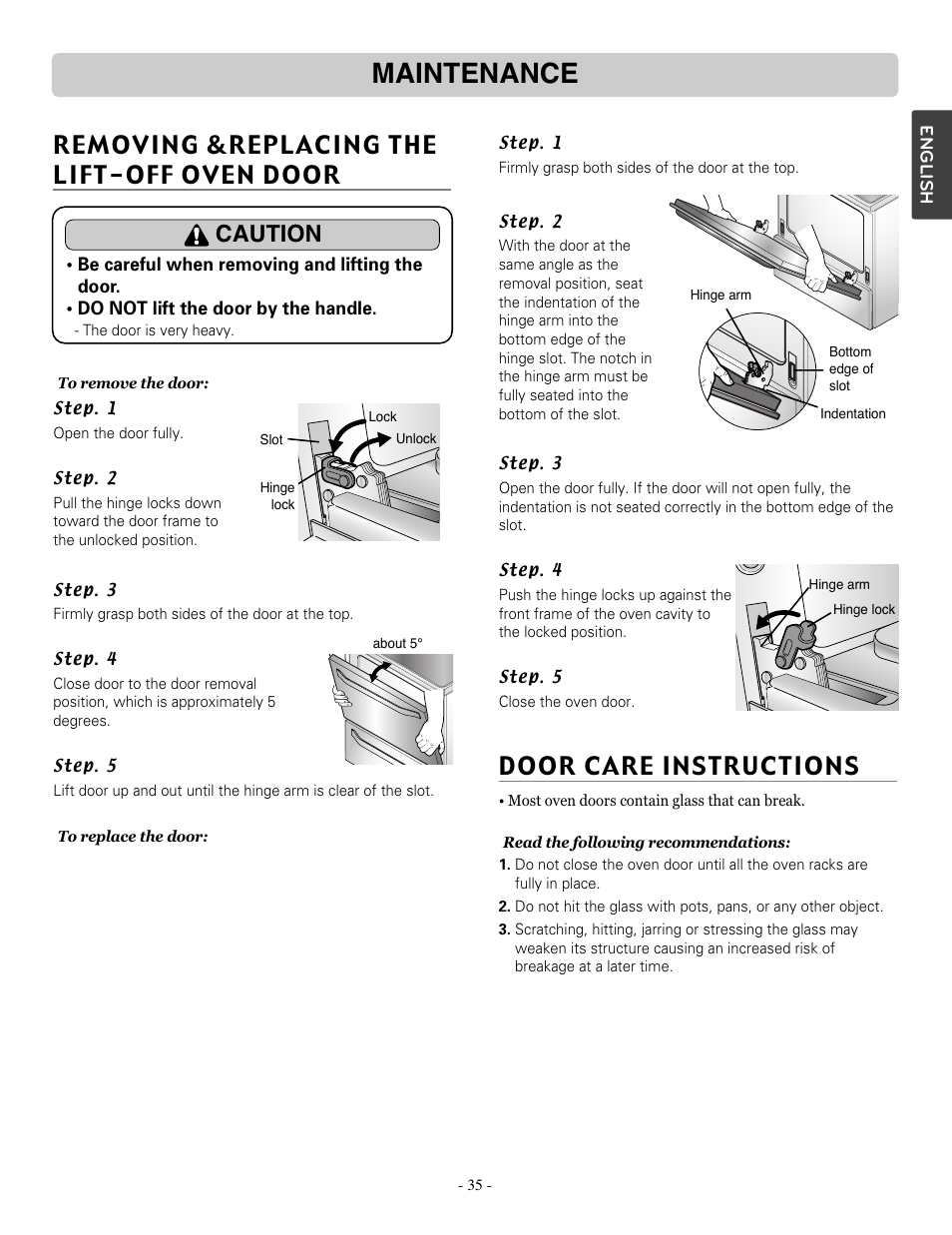 Maintenance, Removing &replacing the lift-off oven door, Door care instructions | Caution | LG LSRE307ST User Manual | Page 35 / 41