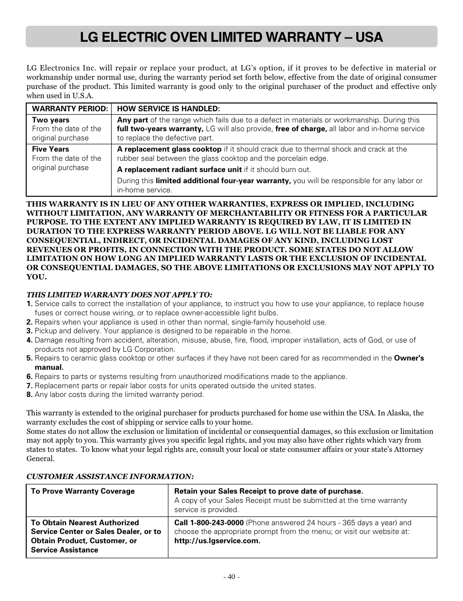 Lg electric oven limited warranty – usa | LG LSRE307ST User Manual | Page 40 / 41
