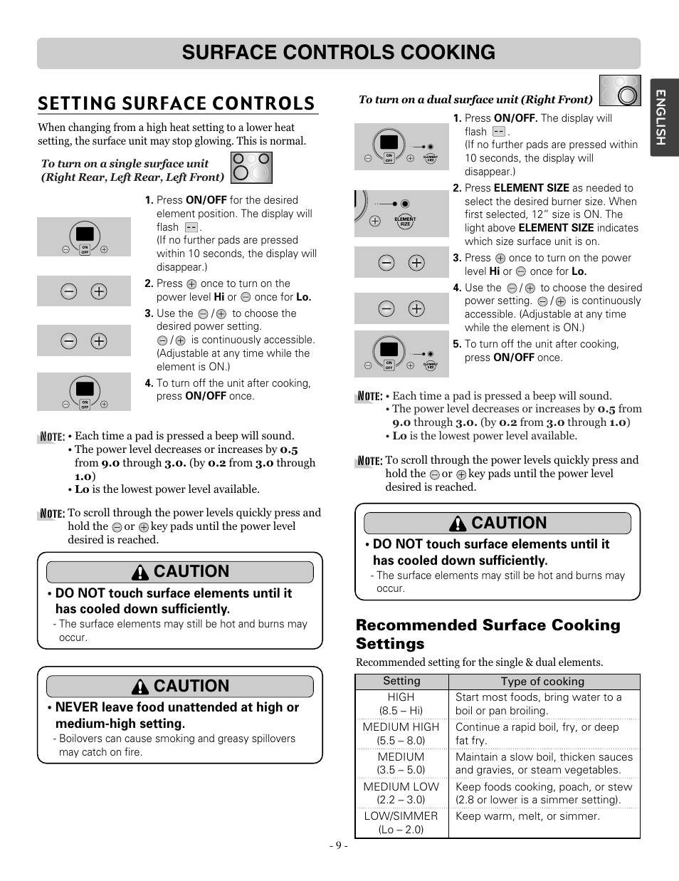 Surface controls cooking, Setting surface controls, Caution | Recommended surface cooking settings | LG LSRE307ST User Manual | Page 9 / 41