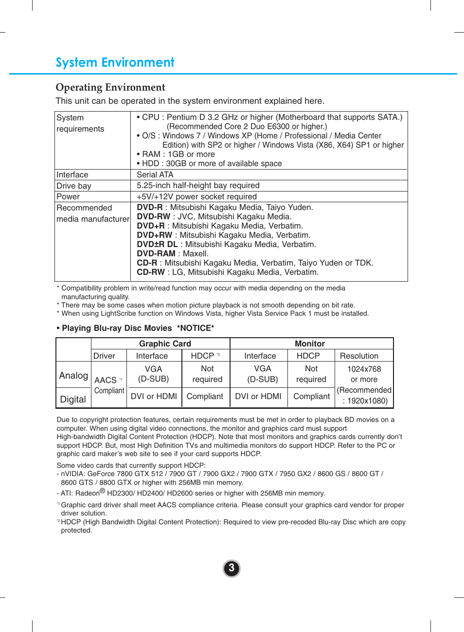 System environment, 3operating environment, Analog digital | LG UH10LS20 User Manual | Page 6 / 15