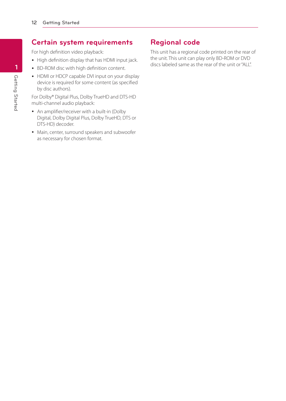 Certain system requirements, Regional code | LG BP125 User Manual | Page 12 / 48